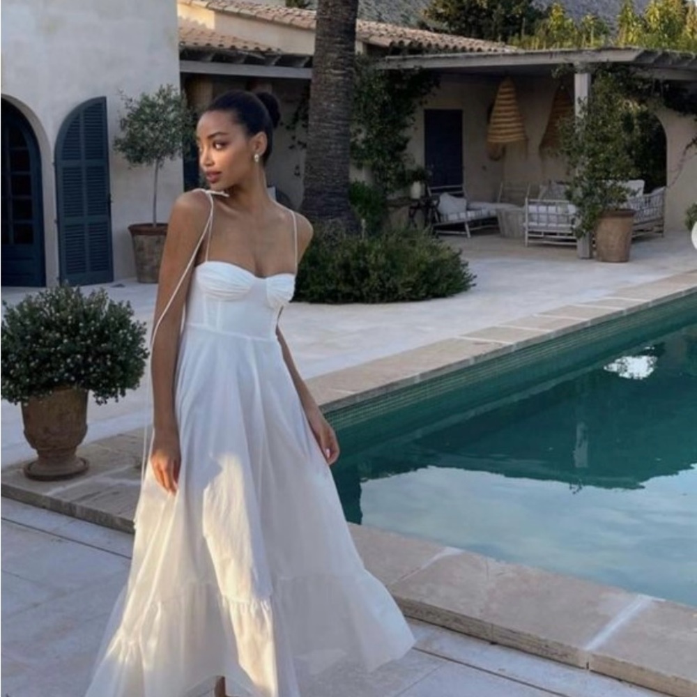 Zara White Midi Dress with Spaghetti Straps